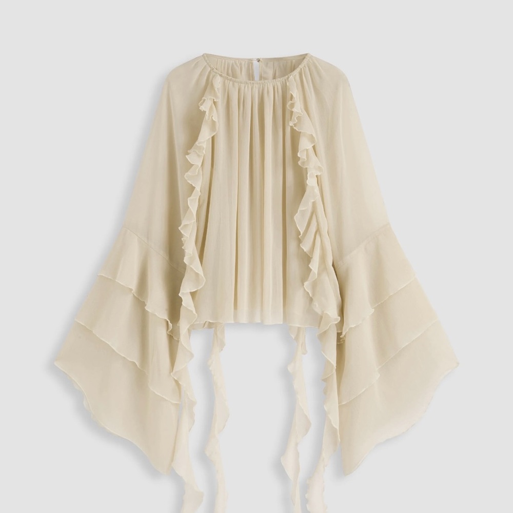 CIDER CHIFFON RUFFLE HEM SEE-THROUGH BELL SLEEVE BLOUSE, Size L (8)